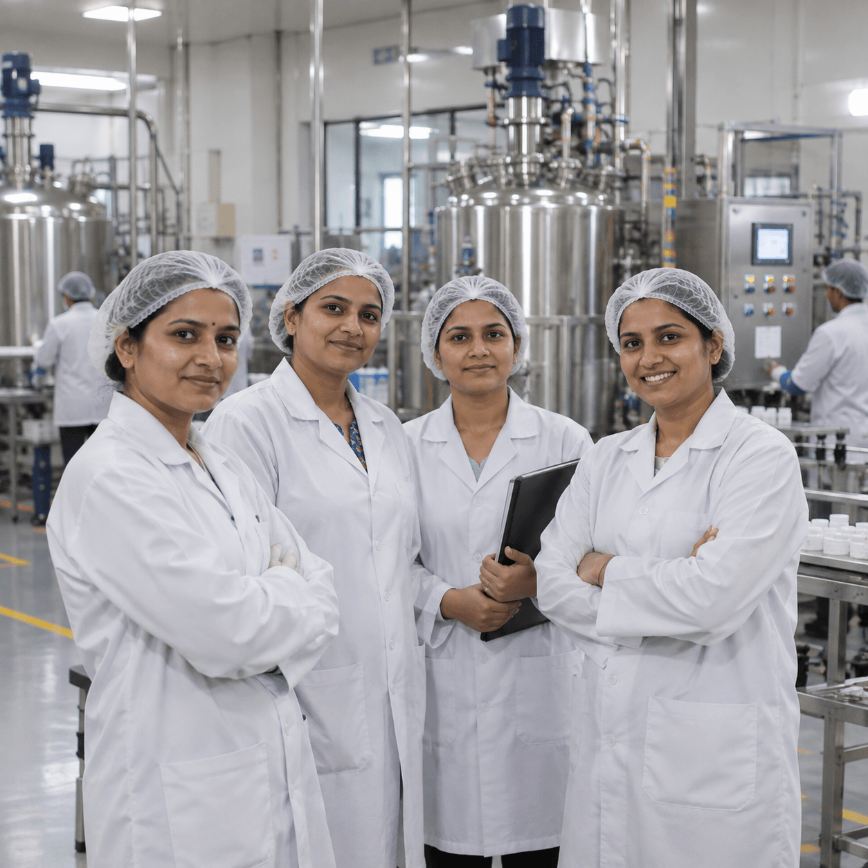 Four quality staff in lab coats and hairnets standing on a pharmaceutical production floor.